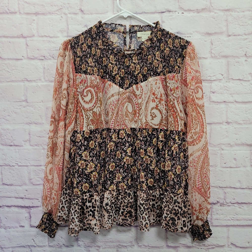 Greige Boho Sheer Tiered Blouse Size M Paisley Floral Cottagecore Prairie Y2K